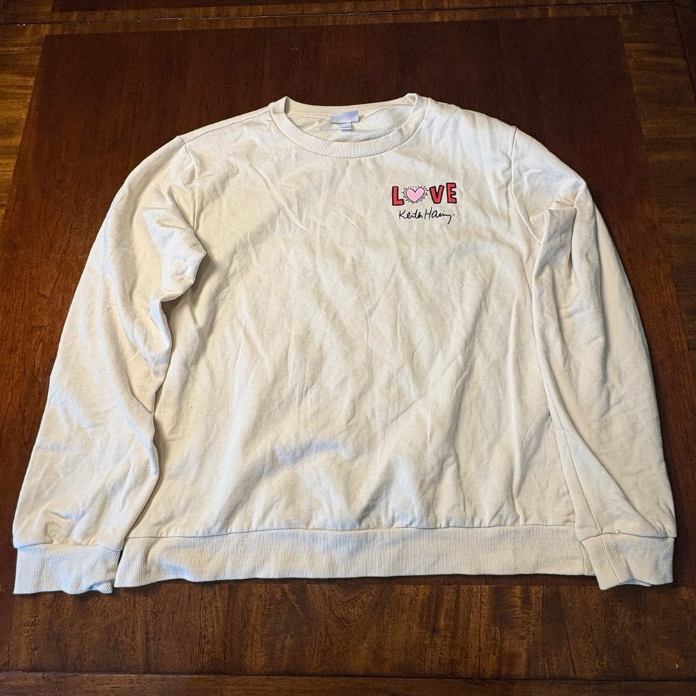 Keith Haring Love Heart Graphic Crewneck Sweatshirt White Size Large